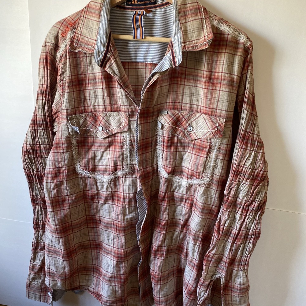Rock Revival Button Up Shirt Men XXL Rd/tan Plaid Flap Pockets
